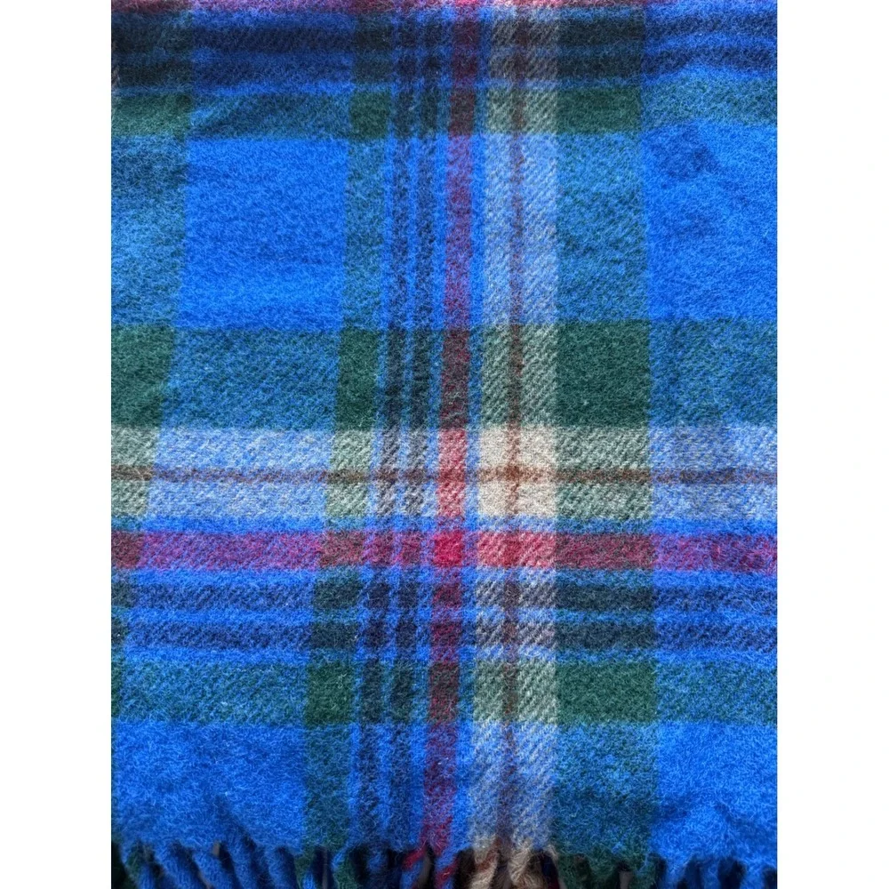 Vtg Pendleton Virgin Wool Throw Blanket Fringe Blue Green Tartan Plaid 54x68
